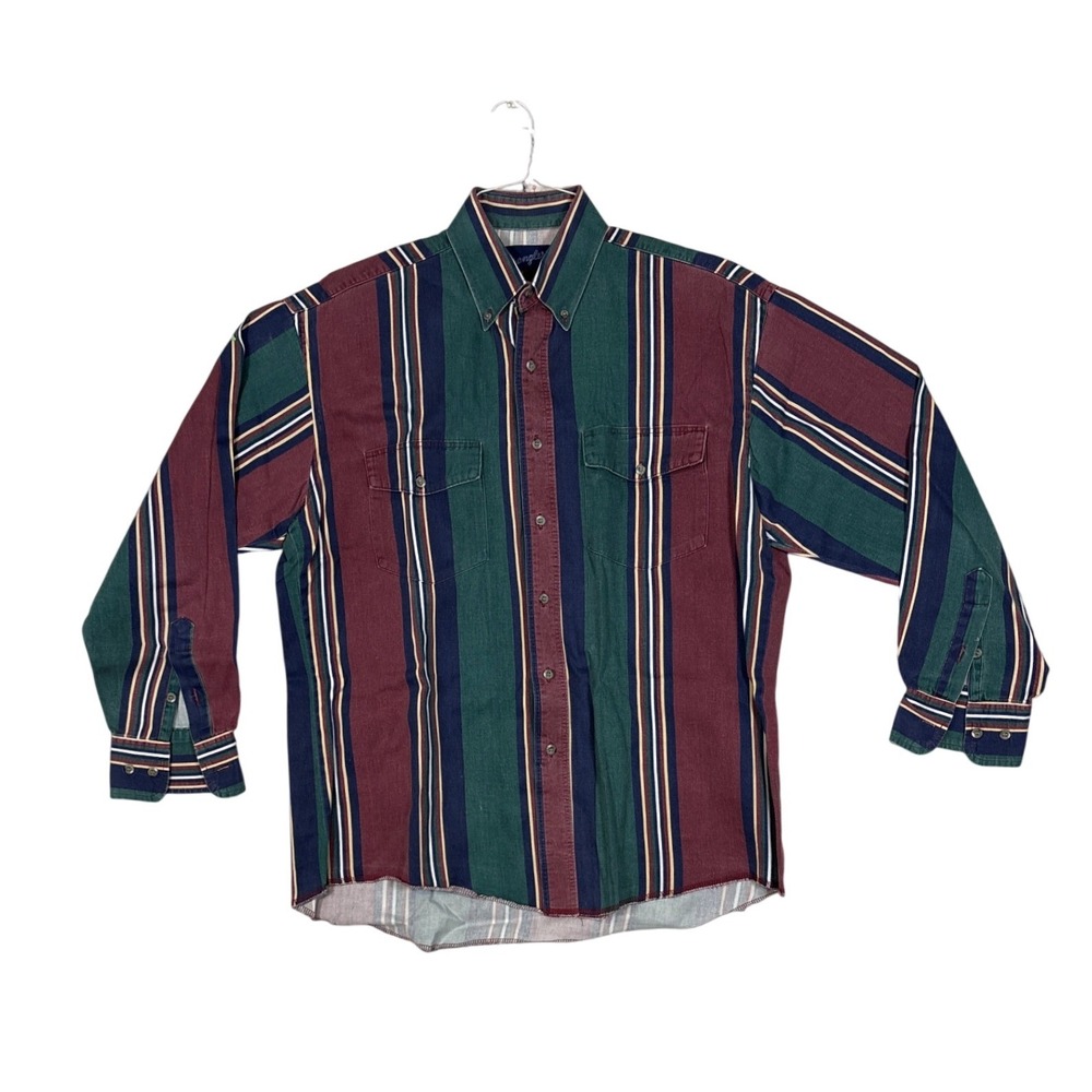 Wrangler Mens Western Striped Button Down Shirt Green Burgundy 16 x 34 MP6772A